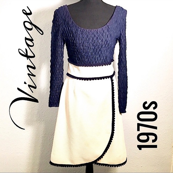 VINTAGE 70s Ivory Navy pucker top Dress PARADE OF NEW YORK label SZ 10 - Picture 2 of 12
